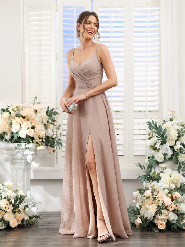 Savings Alert A-Line V-Neck Metallic Lurex Long Bridesmaid Dresses with Spaghetti Straps