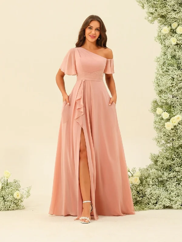 Deal Alert A-Line/Princess One-Shoulder Floor-Length Split Side Bridesmaid Dresses