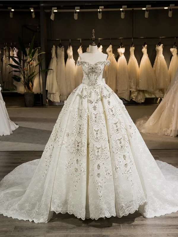 Massive Deals Gorgeous Off-the-Shoulder Chapel Train Ball Gown Wedding Dresses with Bowknot & Beading Appliques