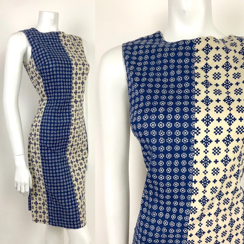 Bargain Prices VINTAGE 60s 70s NAVY BLUE CREAM WHITE FLORAL ABSTRACT SHEATH DRESS 10 12
