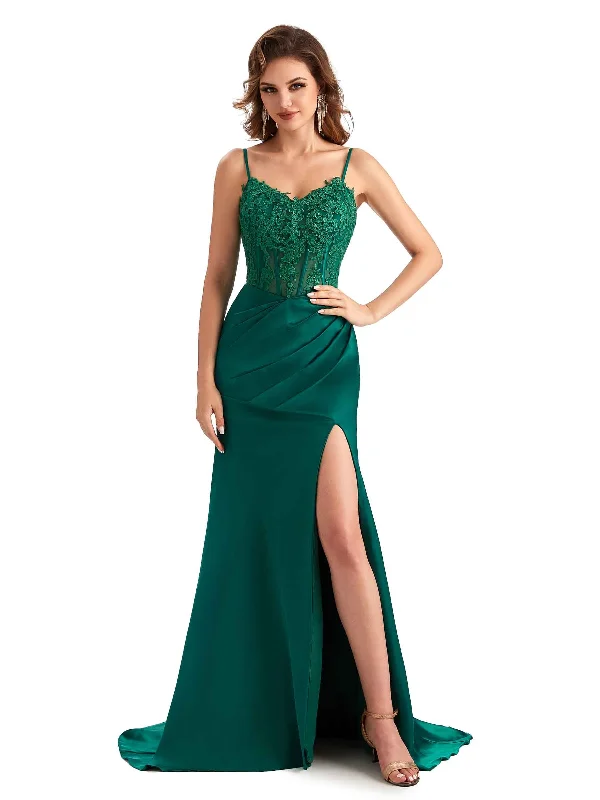 Deal Frenzy Sexy Side Slit Mermaid Silky Satin Lace See Through Unique Long Bridesmaid Dresses