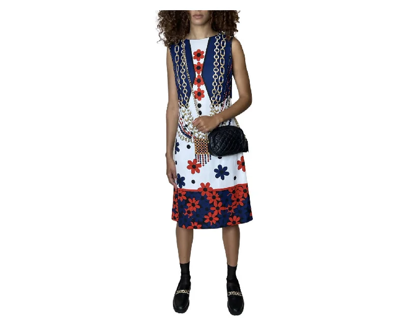 Crazy Deals Original Vintage 1970's Navy, Red & White Chain Print Sleeveless Dress UK 12 - 14