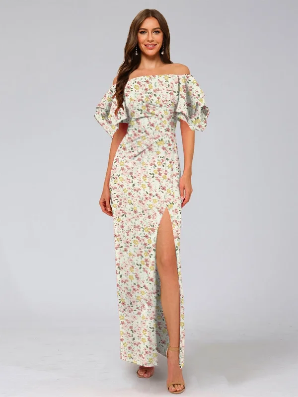Crazy Deals Sheath/Column Off-the-Shoulder Half Sleeves Ruched Floral Bridesmaid Dresses Crazy Deals Sheath/Column Off-the-Shoulder Half Sleeves Ruched Floral Bridesmaid Dresses