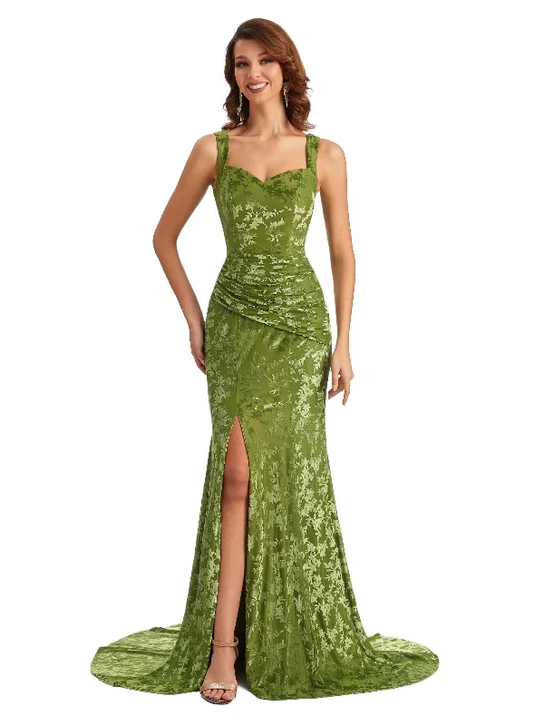 Flash Sale Sexy Side Slit Mermaid Floral Velvet Long Maid of Honor Dresses Online