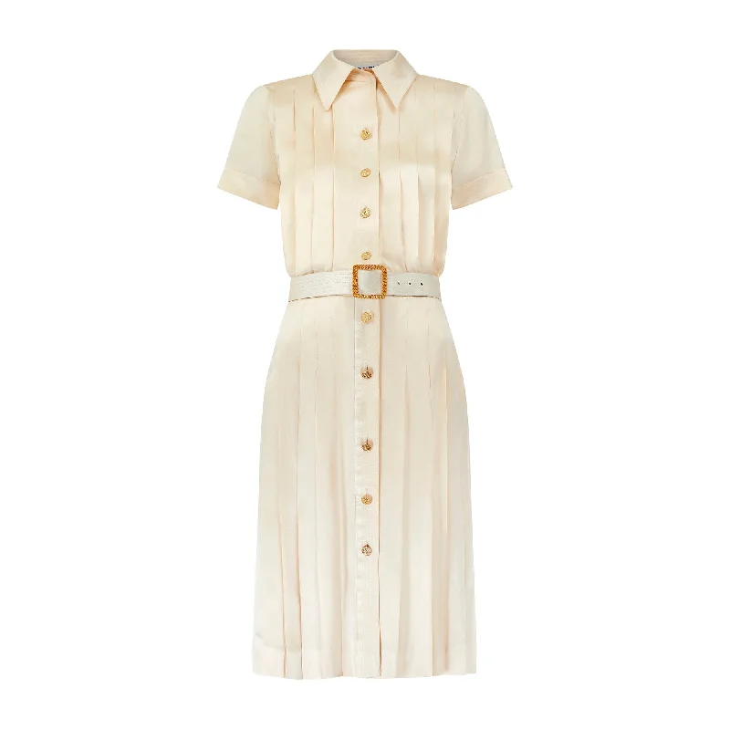 Act Now 1988 Runway Chanel Cream Silk Pleated Dress with Belt