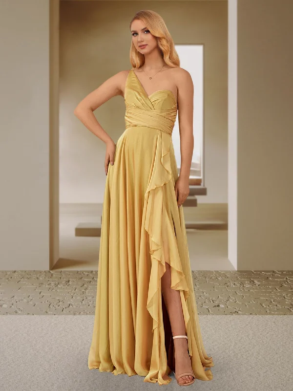 Lowest Price A-Line/Princess One-Shoulder Sleeveless Ruched Bridesmaid Dresses with Side Slit & Ruffles