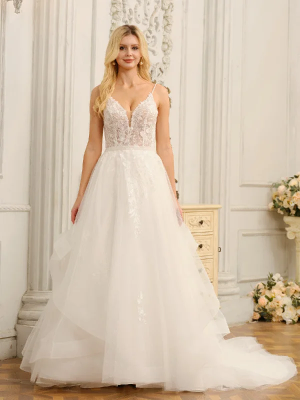 Year-End Sale Spaghetti Straps V-Neck Sleeveless Long Wedding Dresses with Appliques & Beading