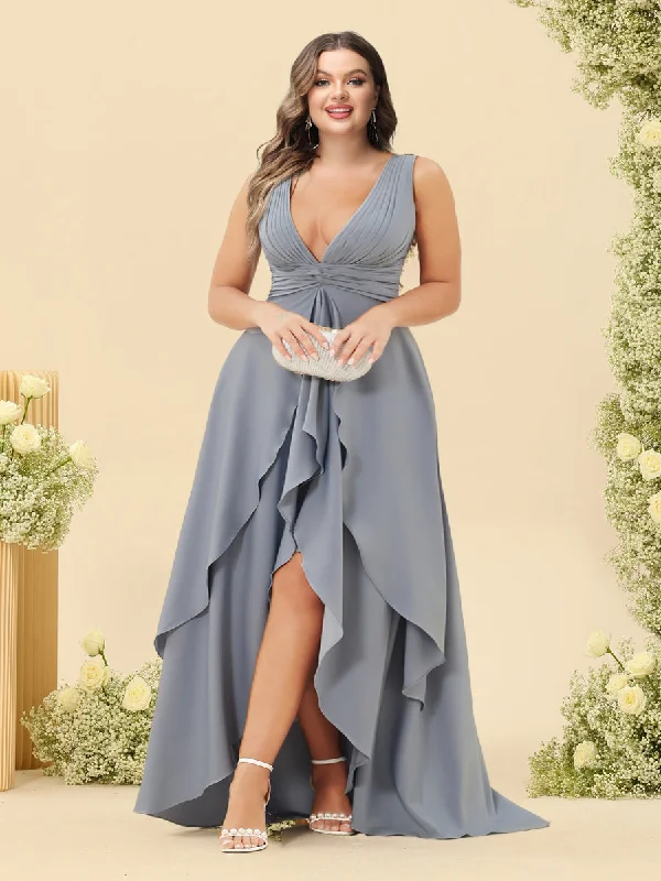 Limited Time Discount A-Line/Princess Asymmetrical V-Neck Plus Size Bridesmaid Dresses With Ruffles