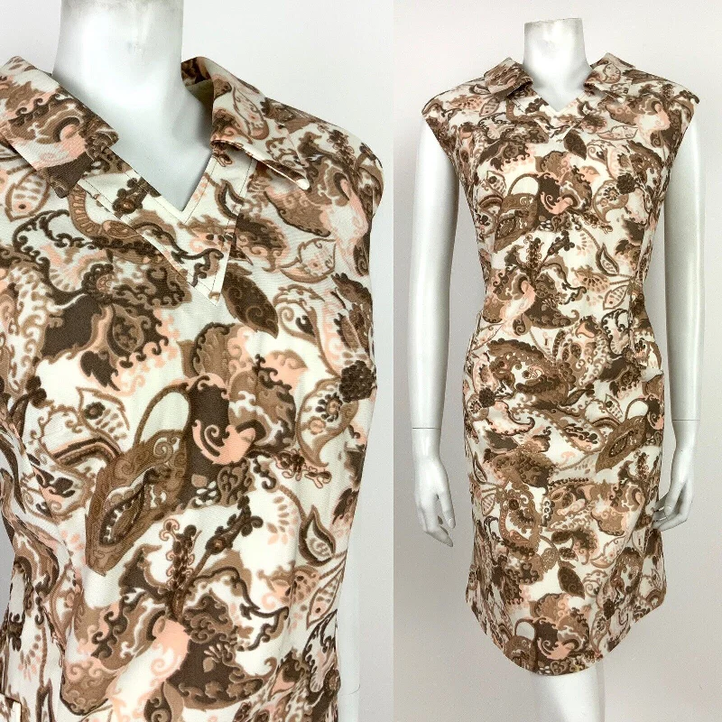Today’s Deal VTG 60s 70s WHITE BEIGE BROWN PINK FLORAL PAISLEY SLEEVELESS SHIFT DRESS 16 18