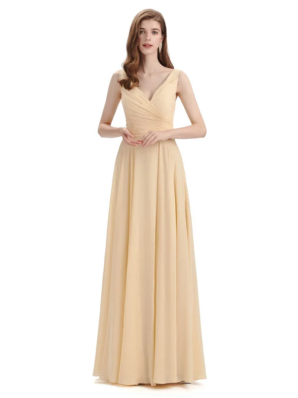 Factory Direct Sale Simple V-neck Chiffon Floor-Length Long Bridesmaid Dresses