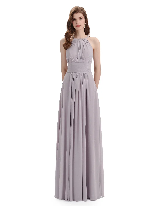 Price Blitz Charming Halter Floor Length Long Chiffon Bridesmaid Dresses