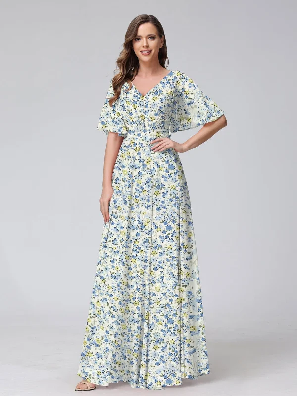 Super Sale A-Line/Princess V-Neck Short Sleeves Pleats Floral Bridesmaid Dresses
