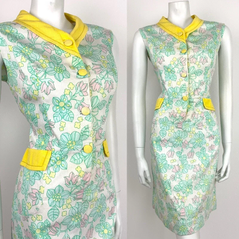 Savings Bonanza VINTAGE 60s 70s WHITE PASTEL PINK BLUE YELLOW FLORAL SHAWL SHEATH DRESS 10 12