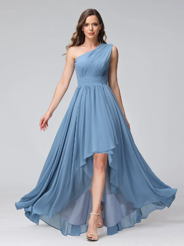 Final Markdown A-Line One-Shoulder Sleeveless Chiffon High Low Bridesmaid Dresses with Pockets
