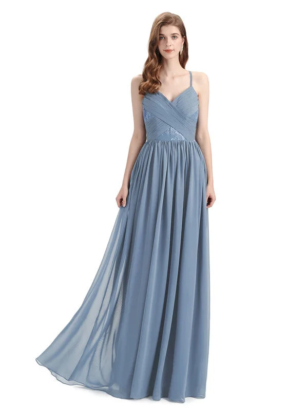 Season Finale Sale Elegant Spaghetti Straps A-line Chiffion Floor-Length Bridesmaid Dresses