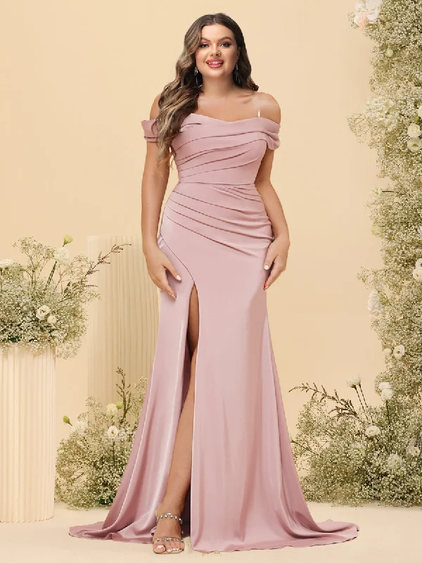 New Deals Sheath/Column Off-the-Shoulder Long Formal Plus Size Dresses with Split Side & Ruched