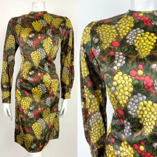 Crazy Savings VTG 60s 70s BROWN RED YELLOW GREEN GRAPES BERRIES FLORAL SHIFT DRESS 10 12 14