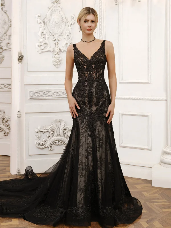 The Best Prices V-Neck Sleeveless Tulle Mermaid Wedding Dresses with Lace Appliques