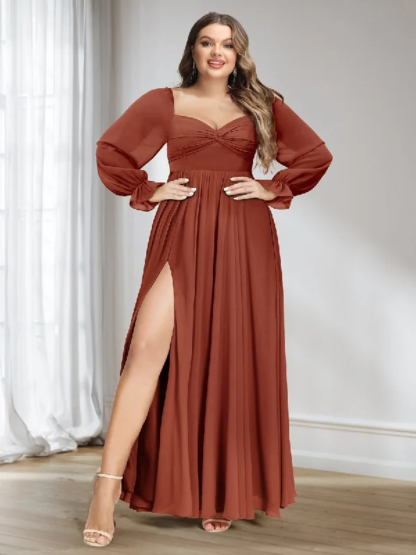 Flash Deals A-Line/Princess Sweetheart Chiffon Long Sleeves Plus Size Bridesmaid Dresses with Split Side