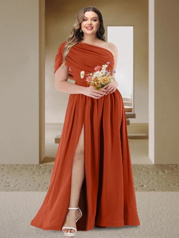 Today’s Special A-Line/Princess One-Shoulder Ruched Satin Plus Size Bridesmaid Dresses with Side Slit