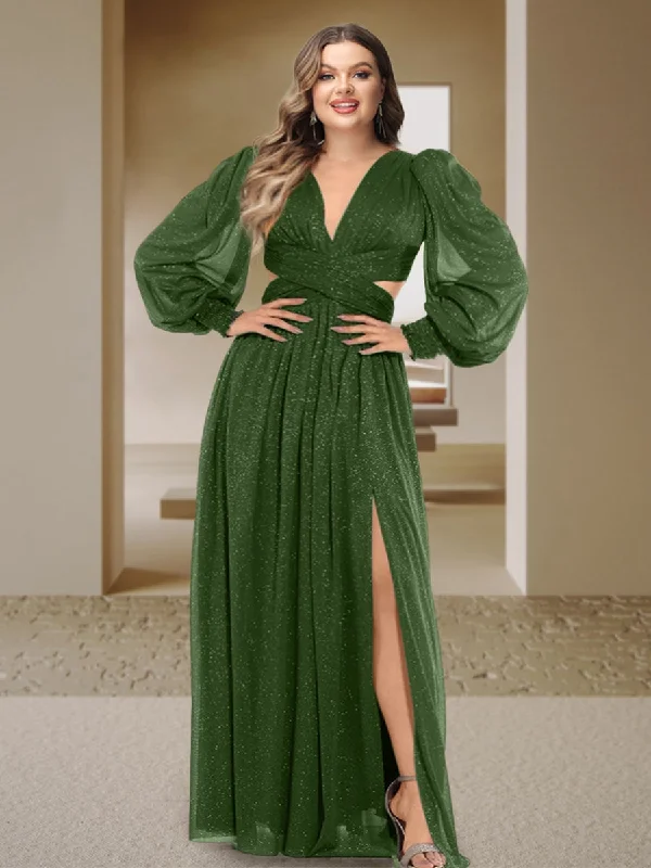 Exclusive Savings Sexy A-Line/Princess V-Neck Long Sleeves Floor-Length Plus Size Bridesmaid Dresses with Side Slit