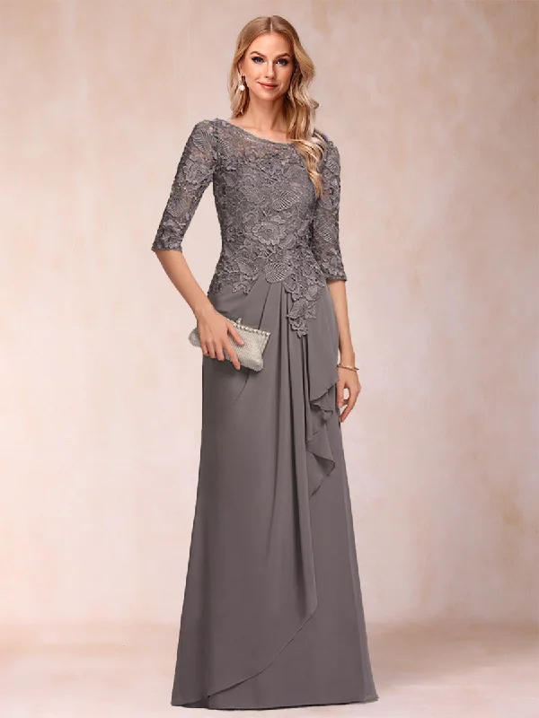 Amazing Deals A-Line/Princess Scoop 3/4 Sleeves Chiffon Mother of the Bride Dresses with Ruffles & Appliques