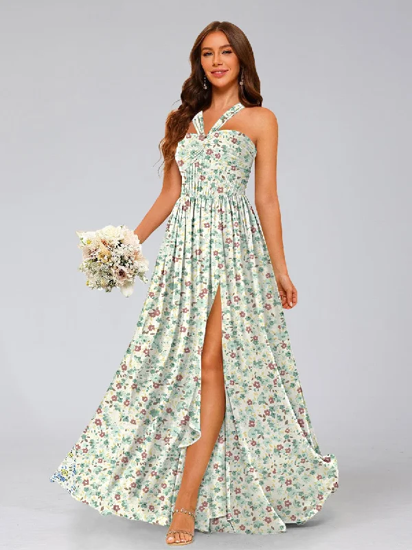 Price Break A-Line/Princess Halter Sleeveless Split Side Floral Bridesmaid Dresses