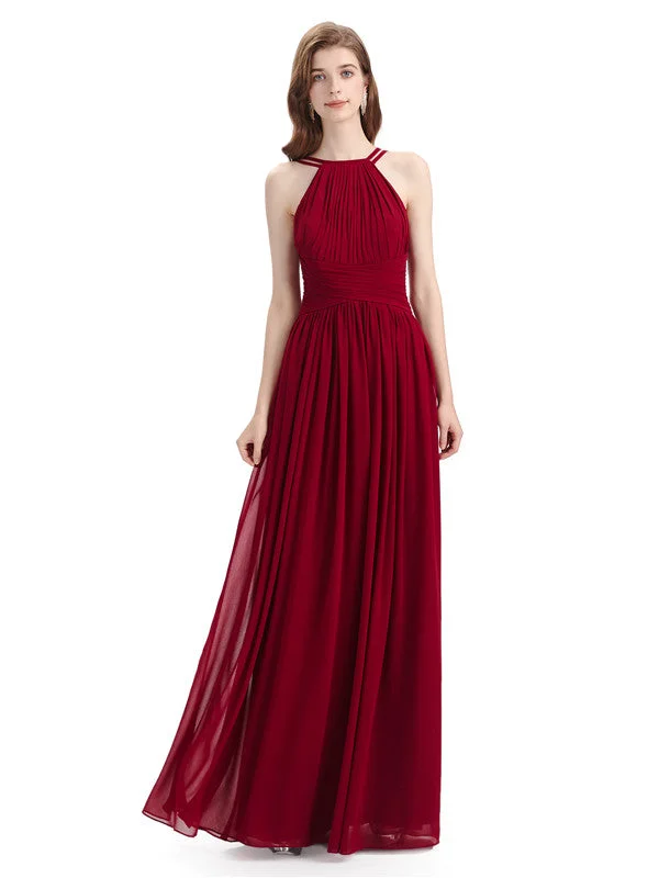 Big Discounts Charming Halter Chiffon A-line Sleeveless Floor-Length Bridesmaid Dresses