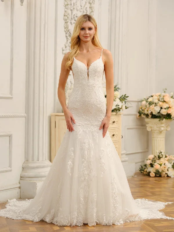 Time-Limited Offer Trumpet/Mermaid Spaghetti Straps Sleeveless Long Wedding Dresses with Appliques