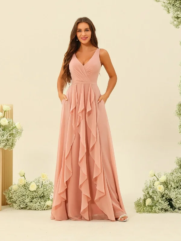 Final Markdown A-Line/Princess V-Neck Sleeveless Long Ruched Bridesmaid Dresses with Ruffles Final Markdown A-Line/Princess V-Neck Sleeveless Long Ruched Bridesmaid Dresses with Ruffles