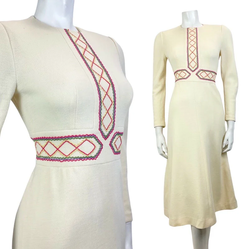Discount Extravaganza VINTAGE 60s 70s CREAM PINK PURPLE EMBROIDERED FOLK WOOL MIDI DRESS 6
