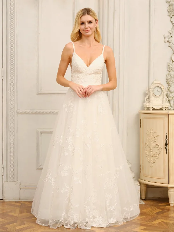 Weekend Special A-Line/Princess Spaghetti Straps V-Neck Sleeveless Long Wedding Dresses with Appliques