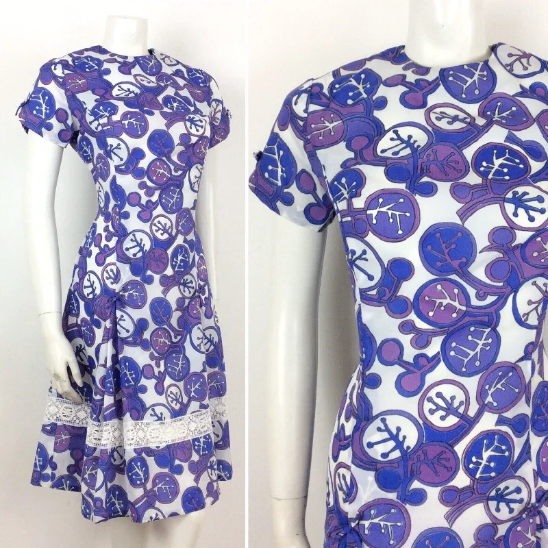 YEAR-End Sale AMAZING VINTAGE 60s 70s ABSTRACT FLORAL DRESS PURPLE BLUE WHITE 10 12