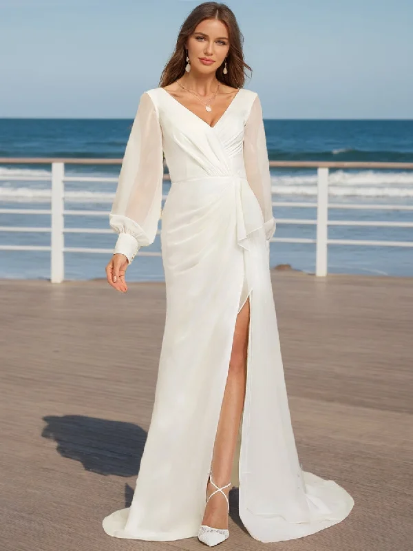 Deep Discounts A-Line/Princess V-Neck Long Sleeves Ruffles Wedding Dresses