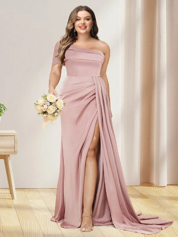 Price Rollback Sheath/Column One-Shoulder Long Formal Plus Size Dresses with Split Side