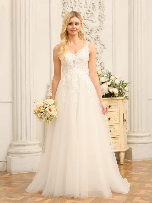 Price Drop A-Line/Princess V-Neck Sleeveless Long Wedding Dresses with Appliques