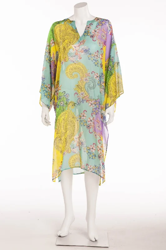 Deal Zone Etro - Purple, Green, Blue, Yellow Paisley Printed Silk-Georgette Kaftan - IT 44