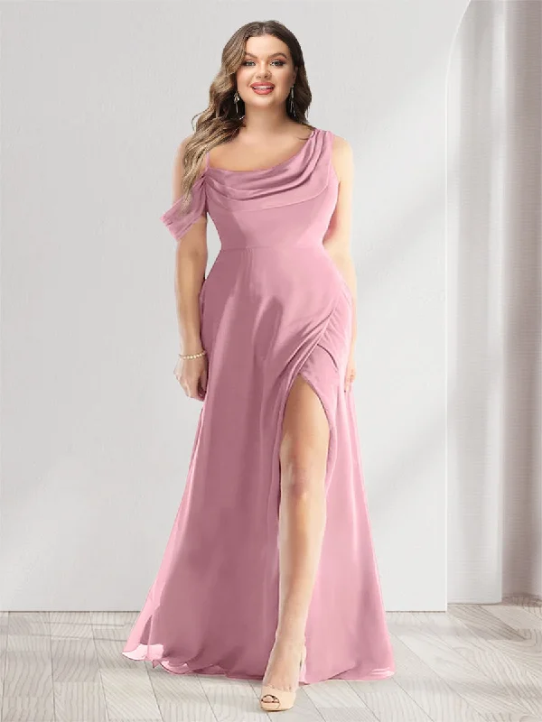 Bargain Prices Sheath/Column Cowl Neck Sleeveless Floor-Length Chiffon Plus Size Bridesmaid Dresses with Split Side