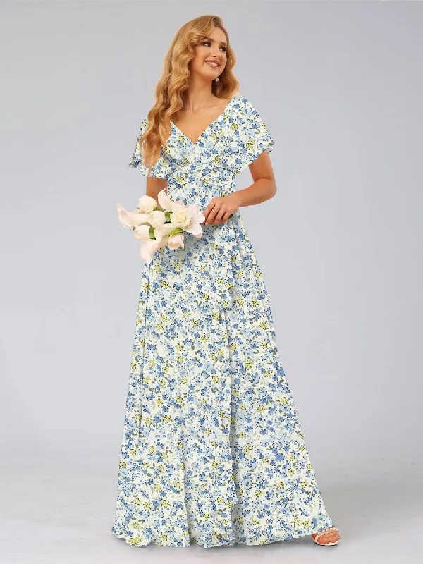 Limited Edition A-Line/Princess V-Neck Short Sleeves Ruffles Floral Bridesmaid Dresses