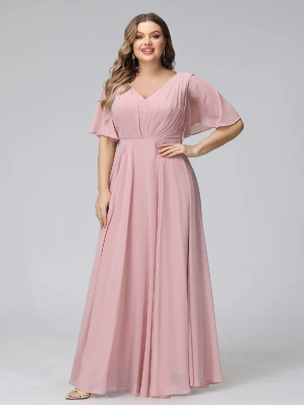 Can't Miss A-Line V-Neck Half Sleeves Long Chiffon Plus Size Bridesmaid Dresses With Ruffles Pockets