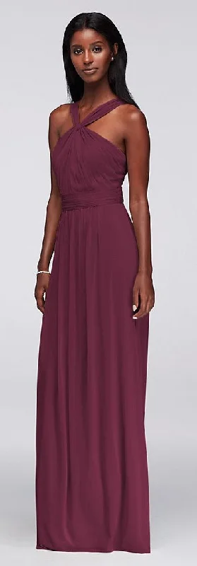 Year-End Clearance David's Bridal Long Mesh Dress with Pleated Bodice and Y-Neck