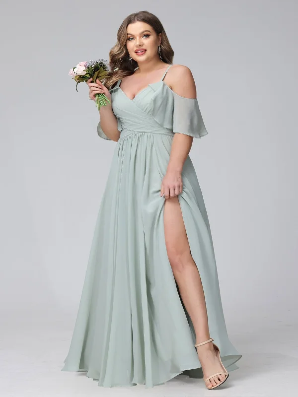 Time-Limited Offer A-Line V-Neck Chiffon Long Plus Size Bridesmaid Dresses With Split Side & Spaghetti Straps