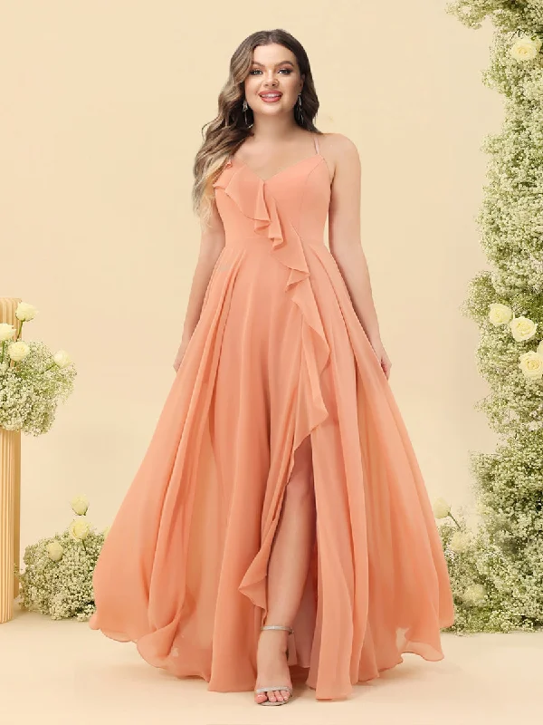 Price Drop A-Line/Princess Spaghetti Straps V-Neck Long Plus Size Bridesmaid Dresses with Split Side & Ruffles