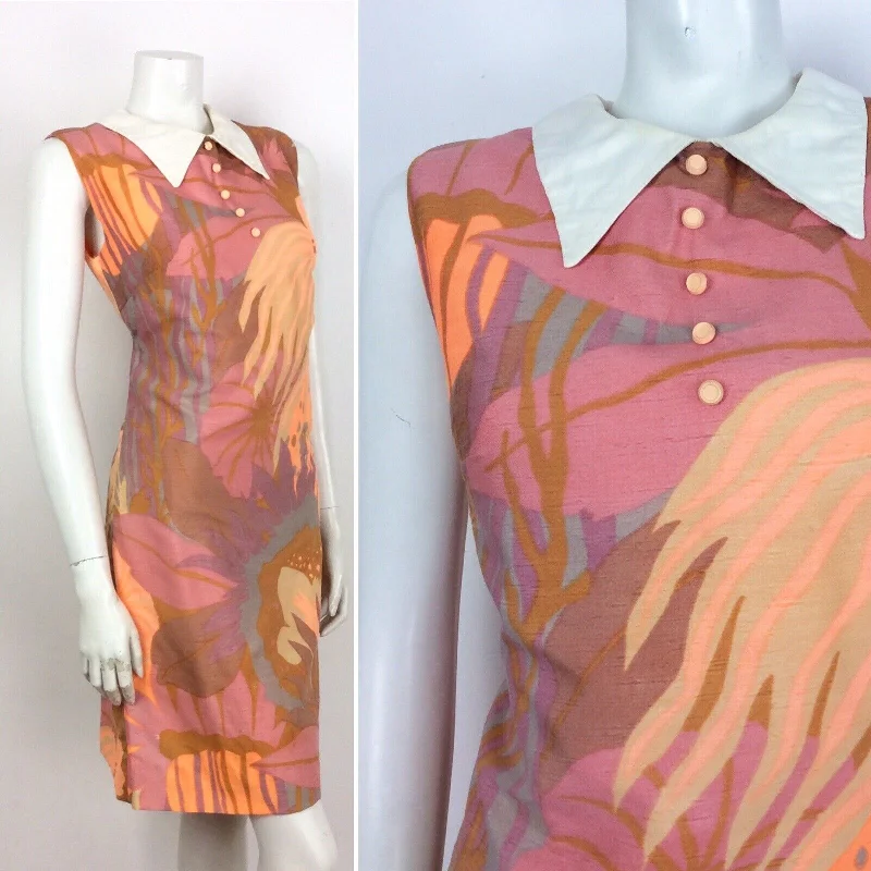Savings Galore VINTAGE 60s 70s ABSTRACT FLORAL SHIFT DRESS ORANGE PURPLE PINK GOLD 12