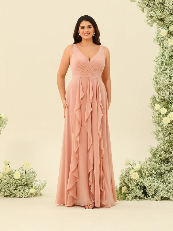 Discount Deals A-Line/Princess V-Neck Sleeveless Long Plus Size Ruched Bridesmaid Dresses with Ruffles Discount Deals A-Line/Princess V-Neck Sleeveless Long Plus Size Ruched Bridesmaid Dresses with Ruffles