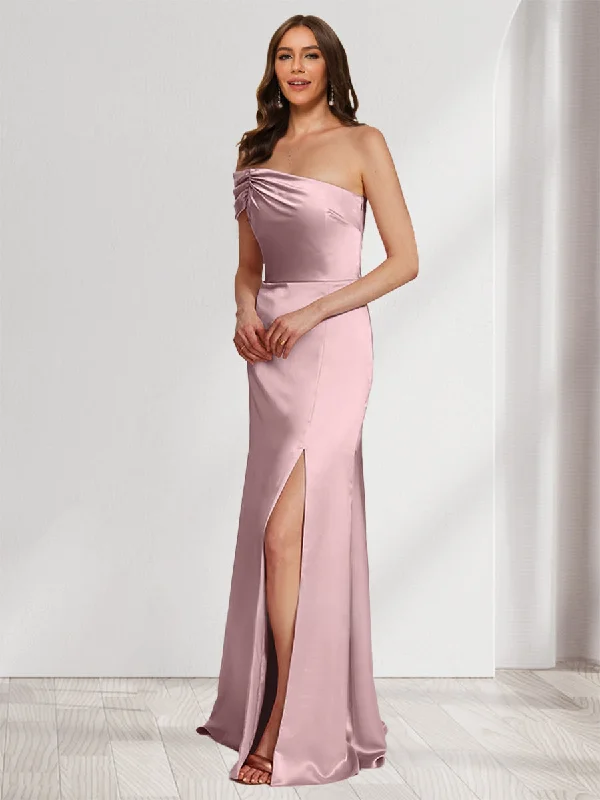 Final Sale Sheath/Column Off-the-Shoulder Floor-Length Ruched Bridesmaid Dresses With Split Side Final Sale Sheath/Column Off-the-Shoulder Floor-Length Ruched Bridesmaid Dresses With Split Side