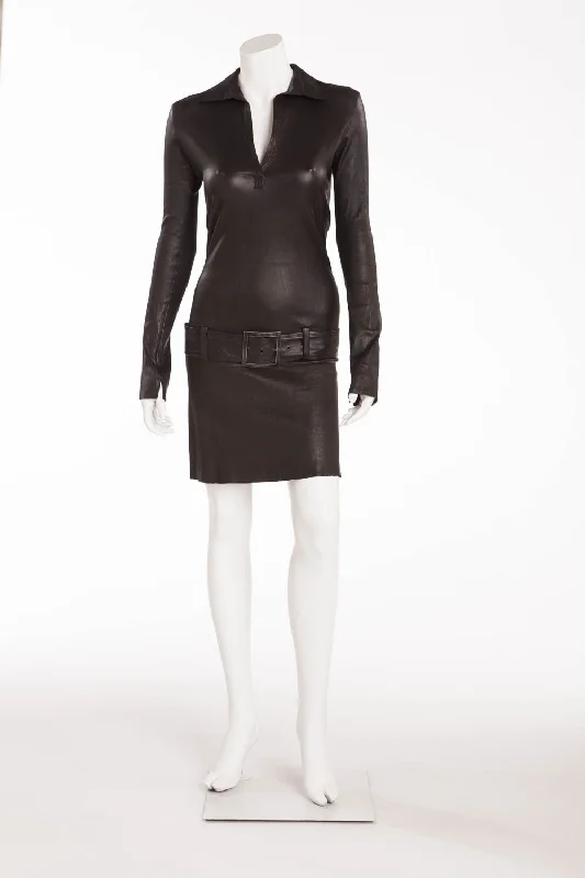 Midnight Sale Jitrois - Black Leather "Polo Dress" with belt - FR 38