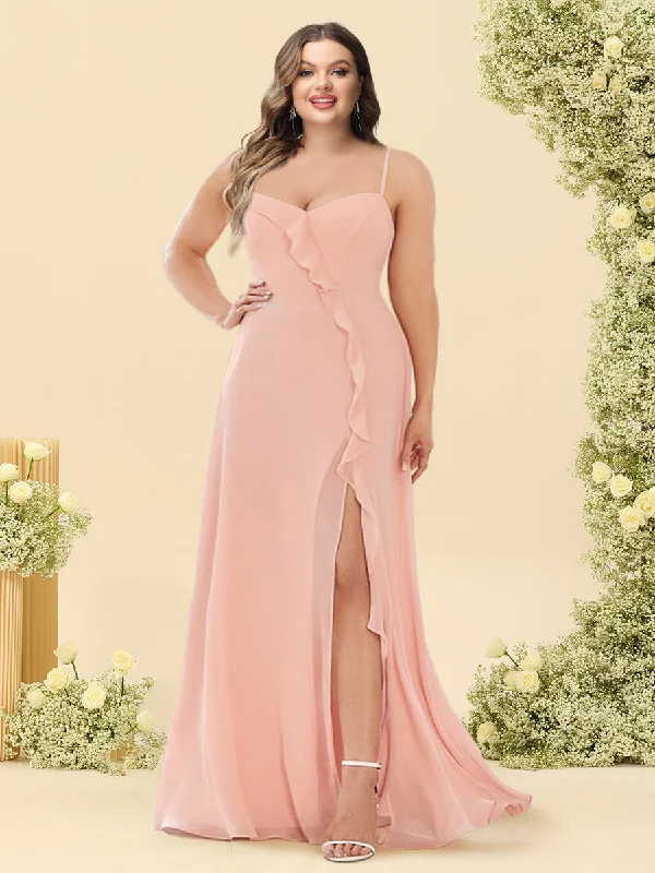 Deal Frenzy A-Line/Princess Spaghetti Straps Split Side Plus Size Bridesmaid Dresses With Ruffles