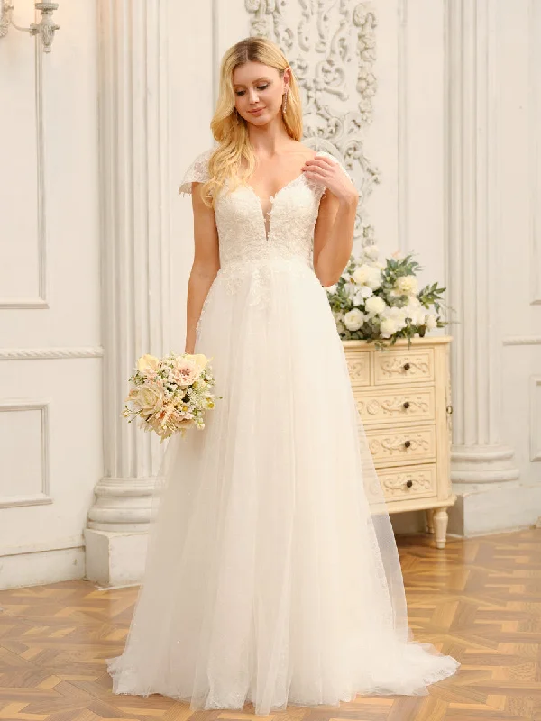 Stock Up and Save V-Neck Short Sleeves Long Wedding Dresses with Appliques & Beading