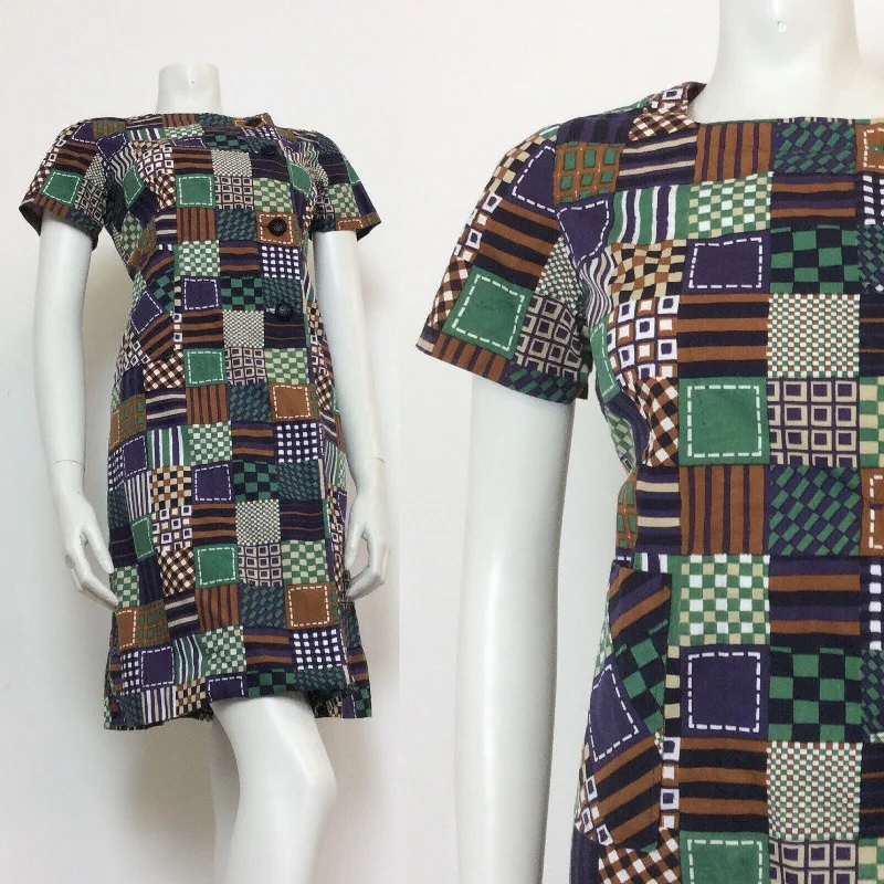 Friends and Family Sale VINTAGE 60S NAVY GREEN WHITE BROWN CHECKERED COTTON MINI DRESS 12